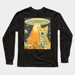 Shocked Cat and UFO Invasion Long Sleeve T-Shirt